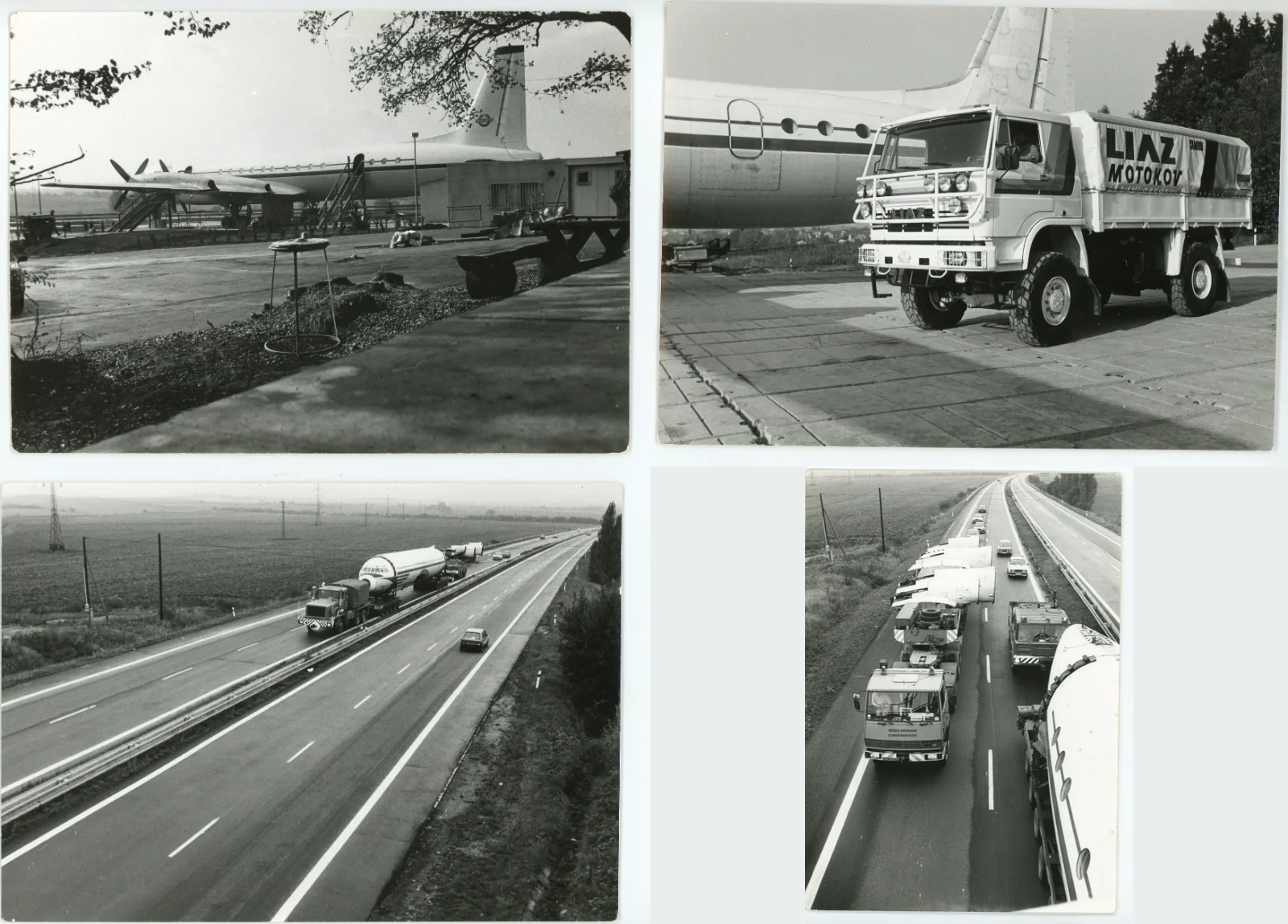 Historická koláž čtyř fotografií z přepravy a instalace letounu Il-18